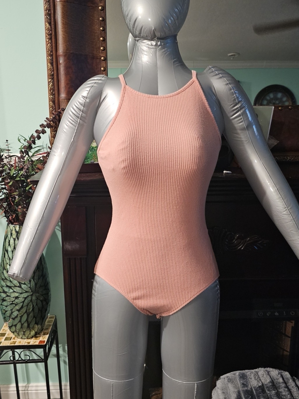 Ambiance Ribbed Halter Bodysuit in Dusty Pink